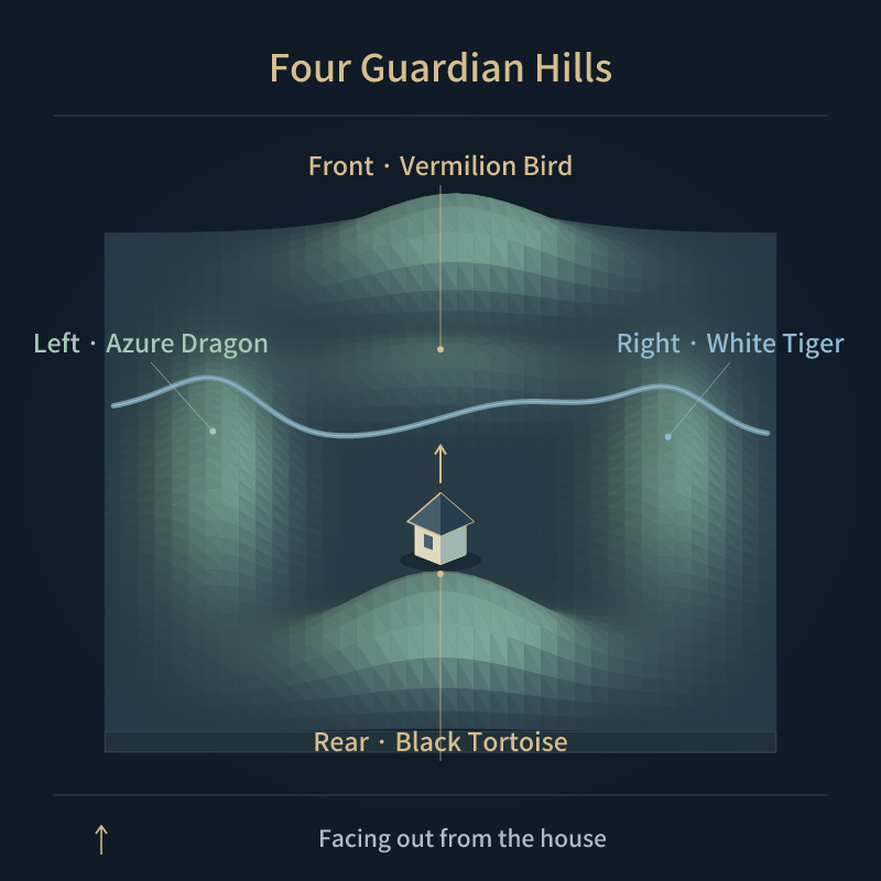 Four Guardian Hills — Rear · Black Tortoise · Left · Azure Dragon · Right · White Tiger · Front · Vermilion Bird